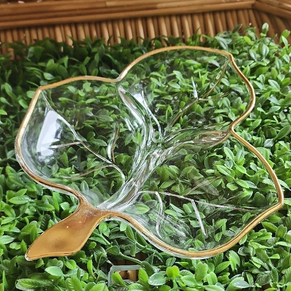 Vintage Glass Leaf Dived Dish With Gold Tone Detail